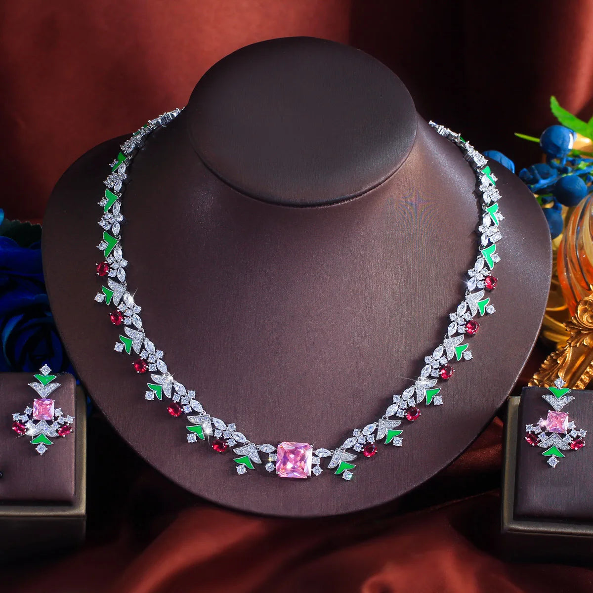 Charming Jewelry Set Rhodium Plated Multicolor Zirconia Necklace Earrings Christmas Tree CZ Jewelry Set for Brides Women Wedding