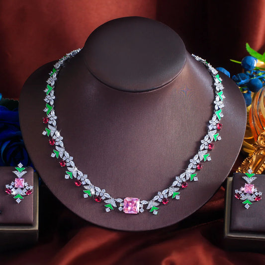 Charming Jewelry Set Rhodium Plated Multicolor Zirconia Necklace Earrings Christmas Tree CZ Jewelry Set for Brides Women Wedding