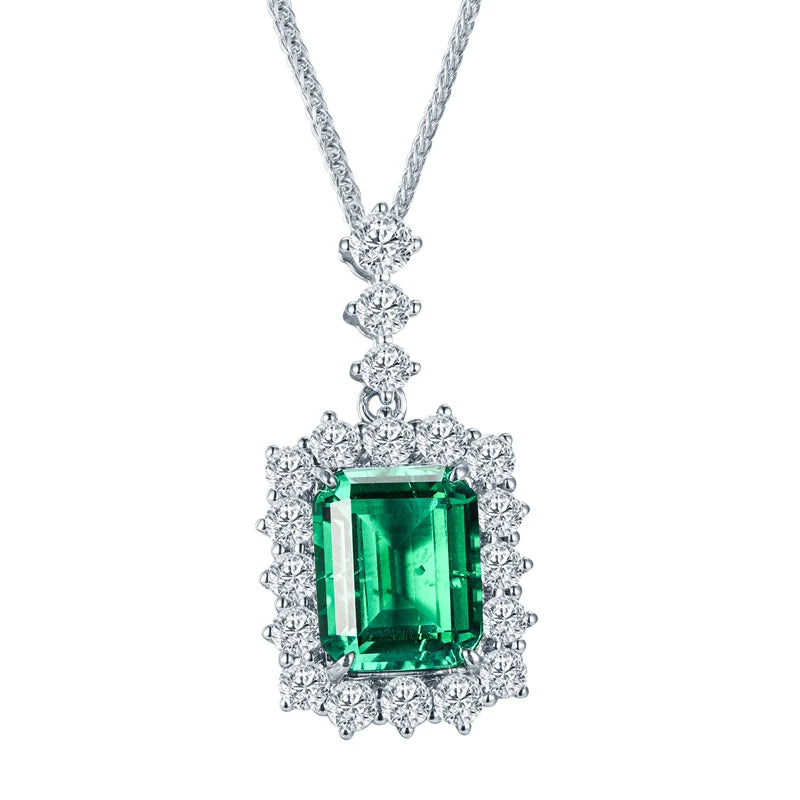 Messi Jewelry MSN-528 18k White Gold Emerald Cut Lab Grown Emerald Pendant Necklace
