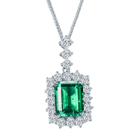 Messi Jewelry MSN-528 18k White Gold Emerald Cut Lab Grown Emerald Pendant Necklace