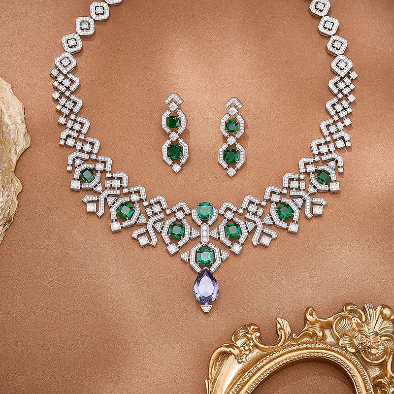Wedding Jewelry Geometric Hollow Pear Shaped purple Zirconium Necklace Earrings 2-piece Set Brass Fashionable Women's Gift