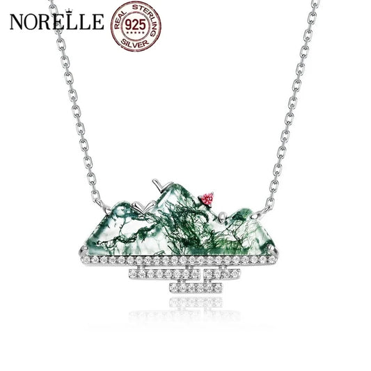 Factory Wholesale Fashion Green Moss Necklace S925 Sterling Silver  Mountain Clavicle Chain for Women