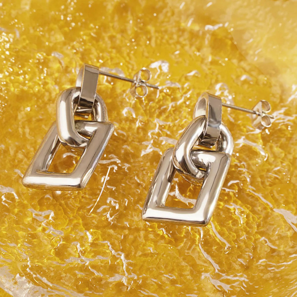 Geometric Square Chandelier Earrings & Pendant Necklace | Retro Stainless Steel Fashion Jewellery