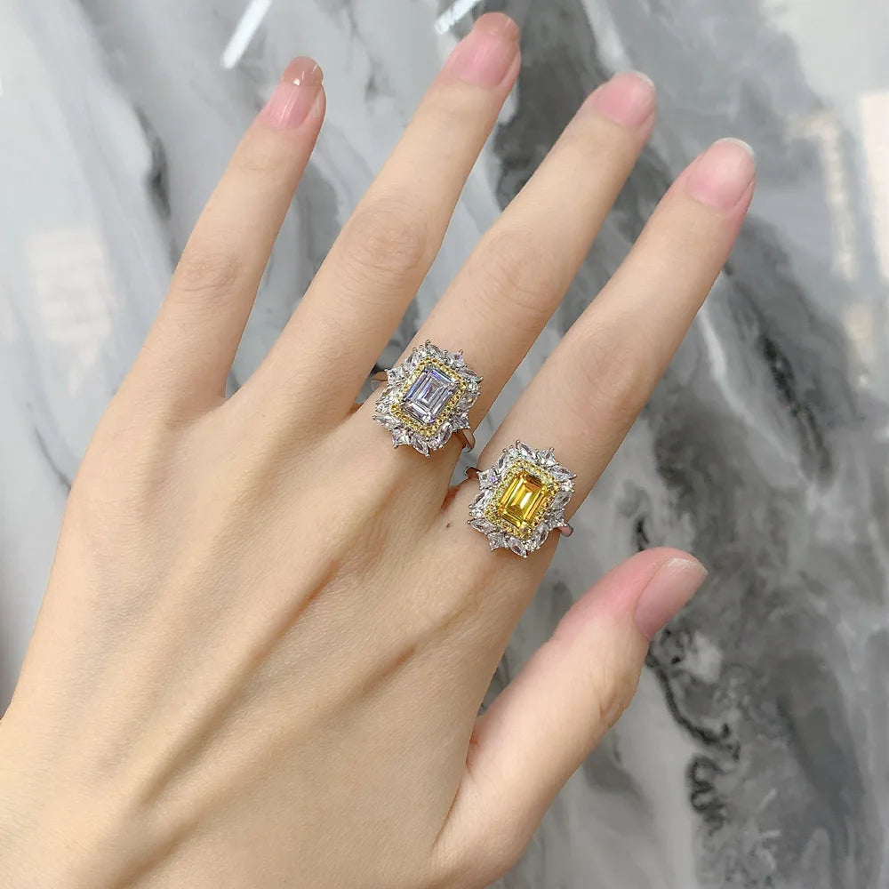 MuShan Jewelry Factory New Goose Yellow Rectangular 6 * 8mm Asche High Carbon Diamond 925 Pure Silver Ring for Women