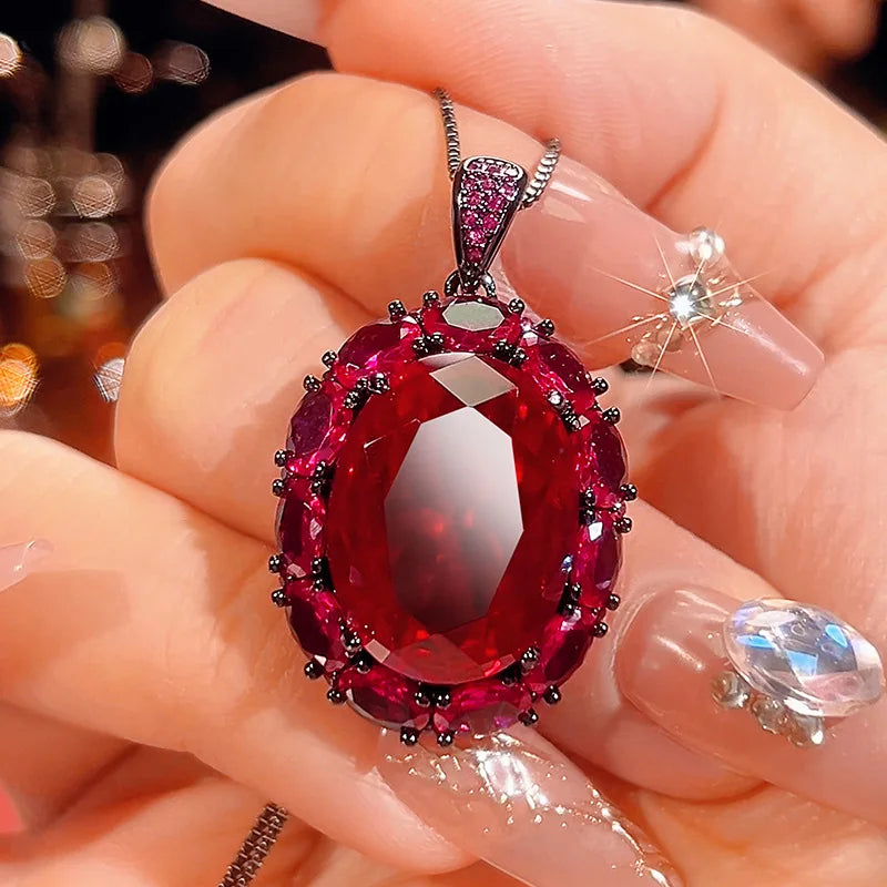 Gemfiori High End Fashion Jewelry Pigeon Blood Red and Sea Blue Zircon Oval Light Luxury Jewelry Set