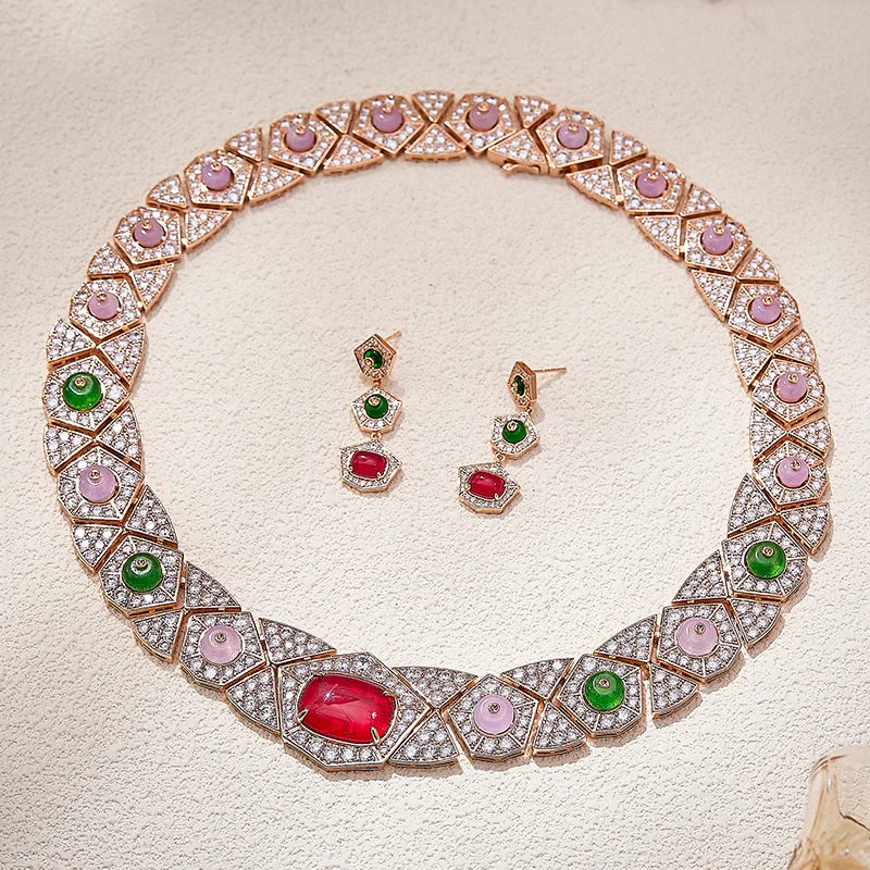 Autumn and Winter Banquet Women's Necklace Earrings Unique Personality Colorful Diamonds and Geometric Shapes Jewelry Set
