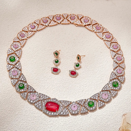 Autumn and Winter Banquet Women's Necklace Earrings Unique Personality Colorful Diamonds and Geometric Shapes Jewelry Set