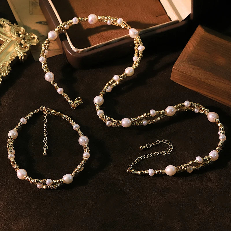GLSEEVO Natural Freshwater Pearl & Twisted Gold Wire 2-Piece Jewellery Set — Necklace & Bracelet