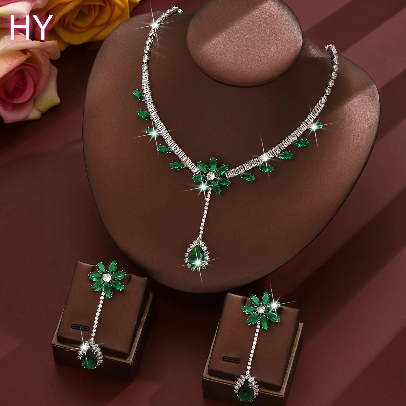 HY  Diamond Wedding Jewelry Set Shinny Zircon Flower Earring Necklace Green Pink Stone Necklace for Women
