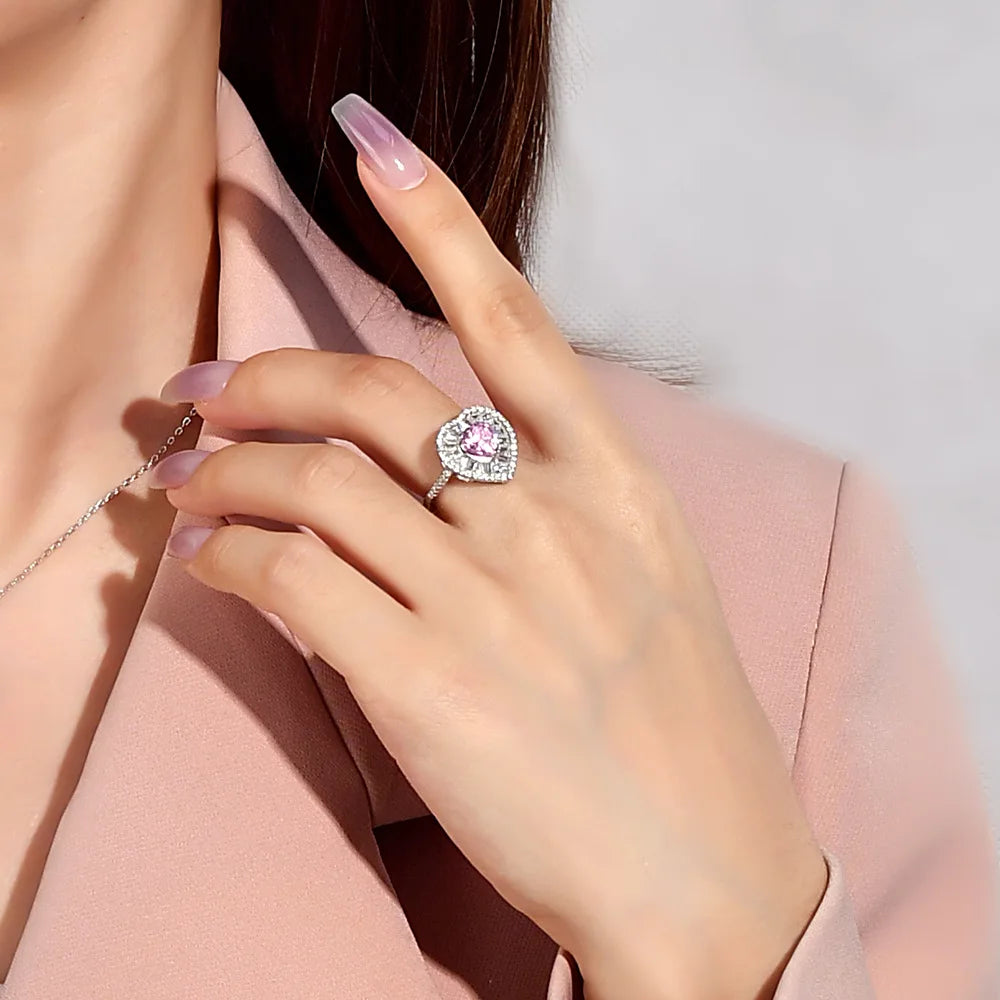 MuShan Jewelry Factory Heart Shaped 7mm Light Yellow Main Diamond 925 Silver Ring Women High Carbon Diamond pink Diamond Ring
