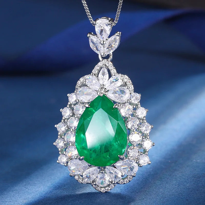 Gemfiori Luxury Pear Cut Gemstone Pendant Necklaces with Matching Ring Double Halo Design Elegant Statement Accessory for Wedding Jewelry