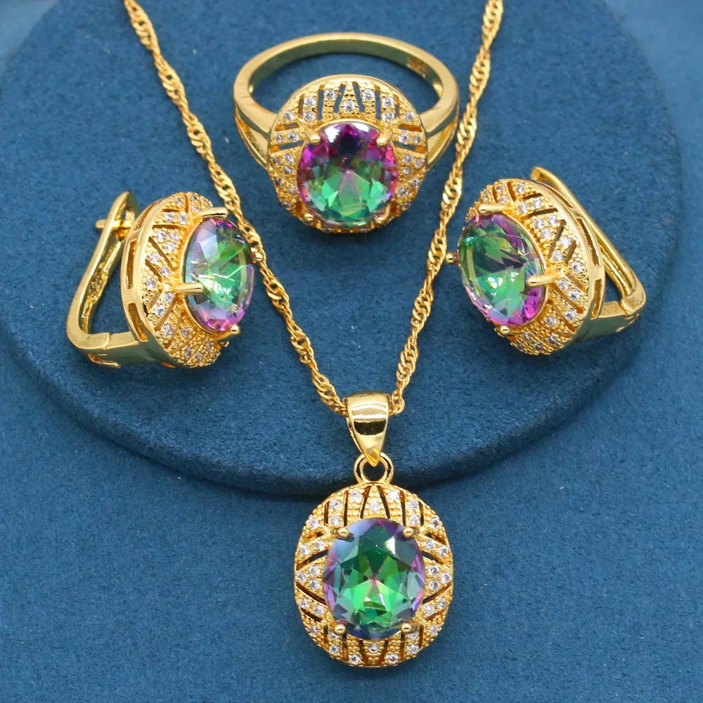 XOTICA Geometric Gold Plated Set for Women Rainbow Stones Alloy Bracelet Hoop Earrings Necklace Ring for Wedding Party Birthday Gift