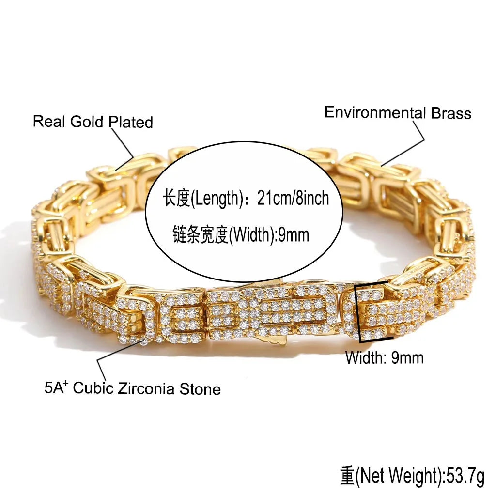 Gem-Island 2024 New 9MM Wide Byzantine Bracelet Micro-zircon Men Accessories Bracelet
