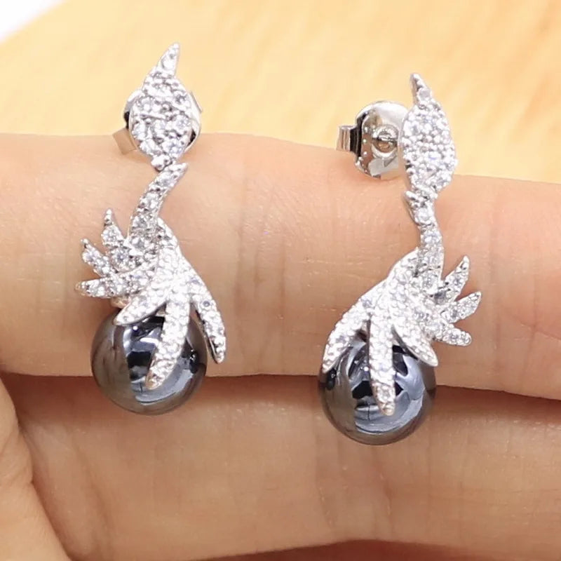 XOTICA Black Freshwater Pearl Sterling Silver Classic Bridal Jewelry Sets for Women Earrings Necklace Pendant Ring Bracelet Wedding