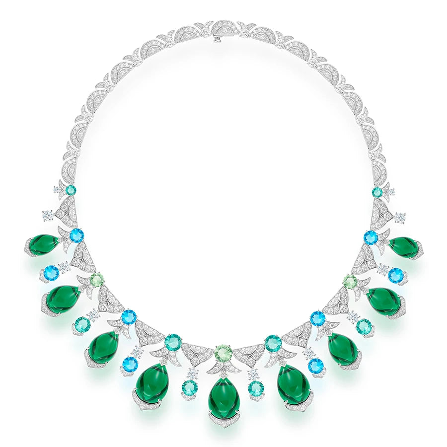 Luxury Women's Brass Necklace Earrings and Ring Three Piece Set  Water Droplet Green Zirconia Banquet and Wedding Accessories
