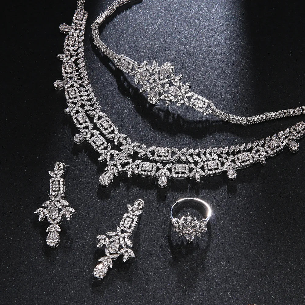 Luxury Full-Paved Round Brilliant Zirconia 4-Piece Nigerian & UAE Dubai Geometric Bridal Set — Rhodium Plated