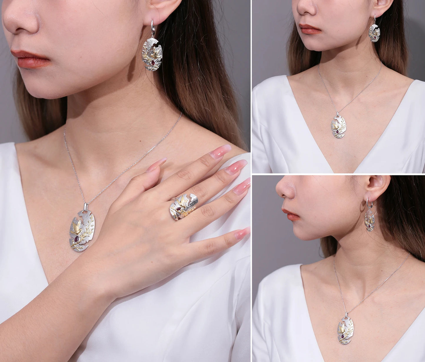 C7942 Abiding Fine Jewelry Factory Natural Inspired Designer Collection Sterling Silver Natural Rhodolite Garnet Jewellery Set