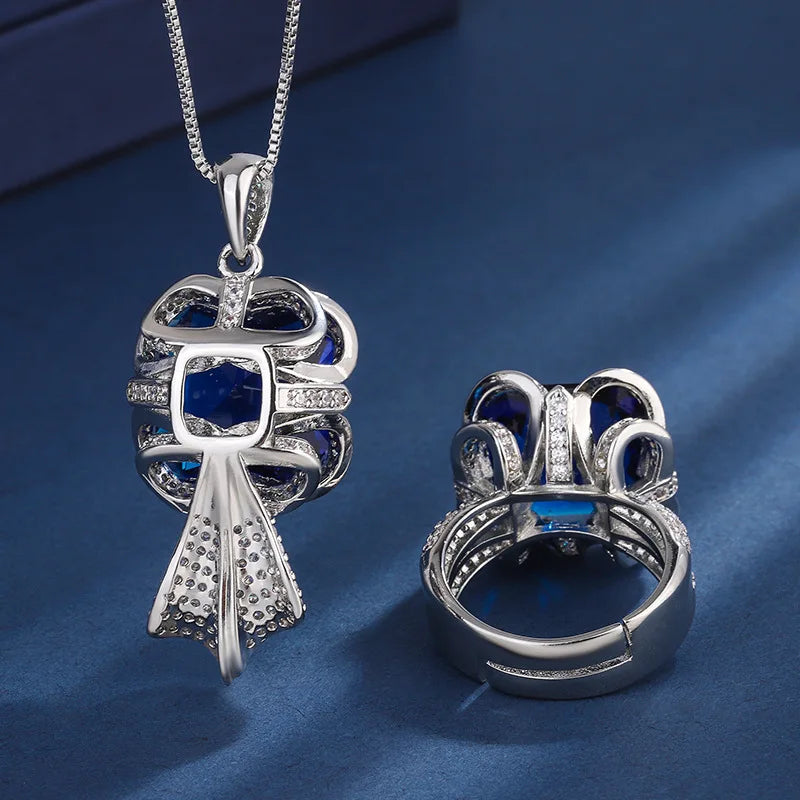 Gemfiori Korean Fashion Jewelry Light Luxury Temperament Pendant Inlaid with Blue Zircon Ring Jewelry Set