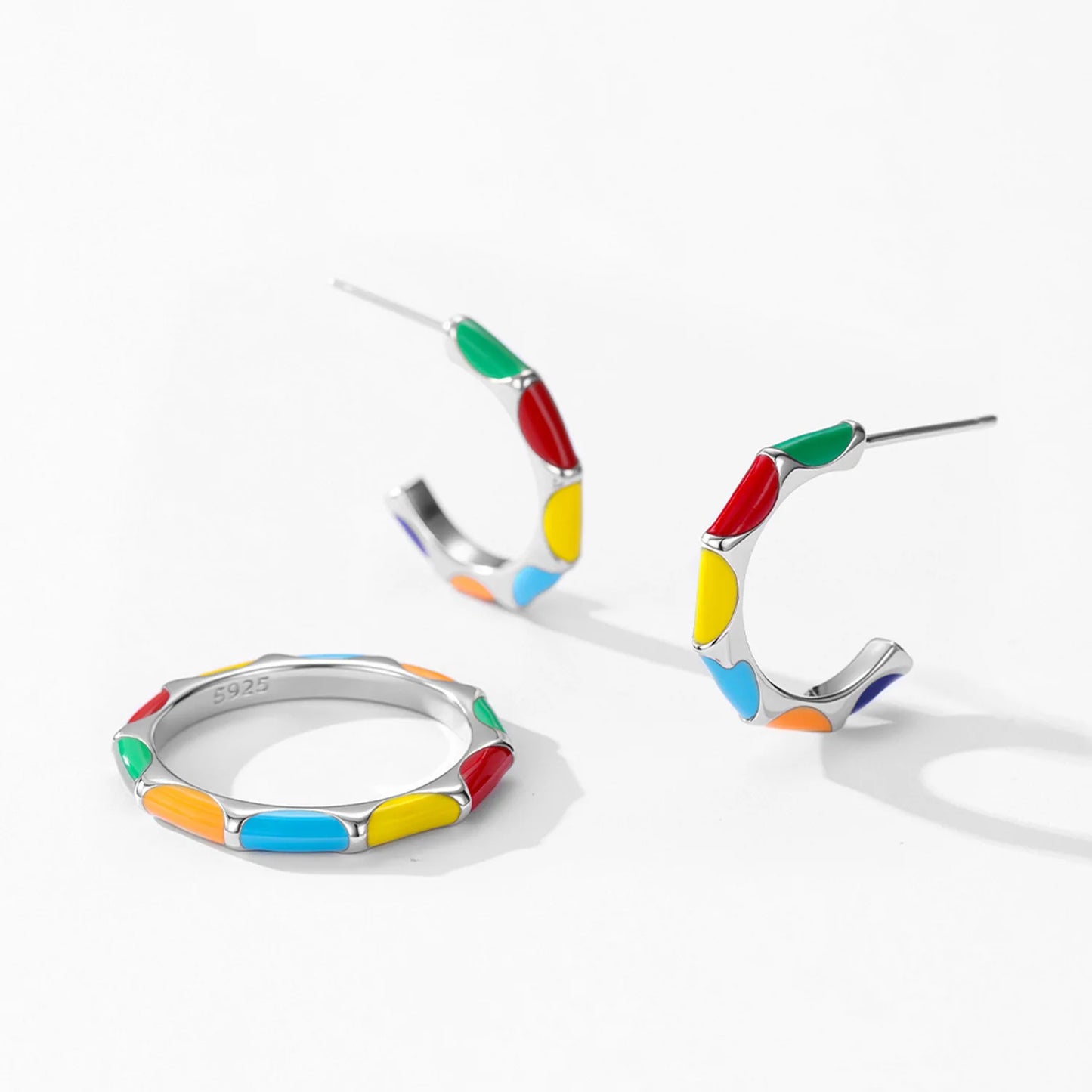 925 Sterling Silver Colorful Retro Enamel Earring Ring Rainbow Jewelry Set Gift Set