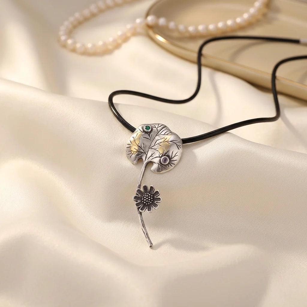 PERFECT Classic Amethyst Flower Lotus Leaf 925 Sterling Silver Anti Silver & Anti Gold Plated Tiny Pendant Necklace