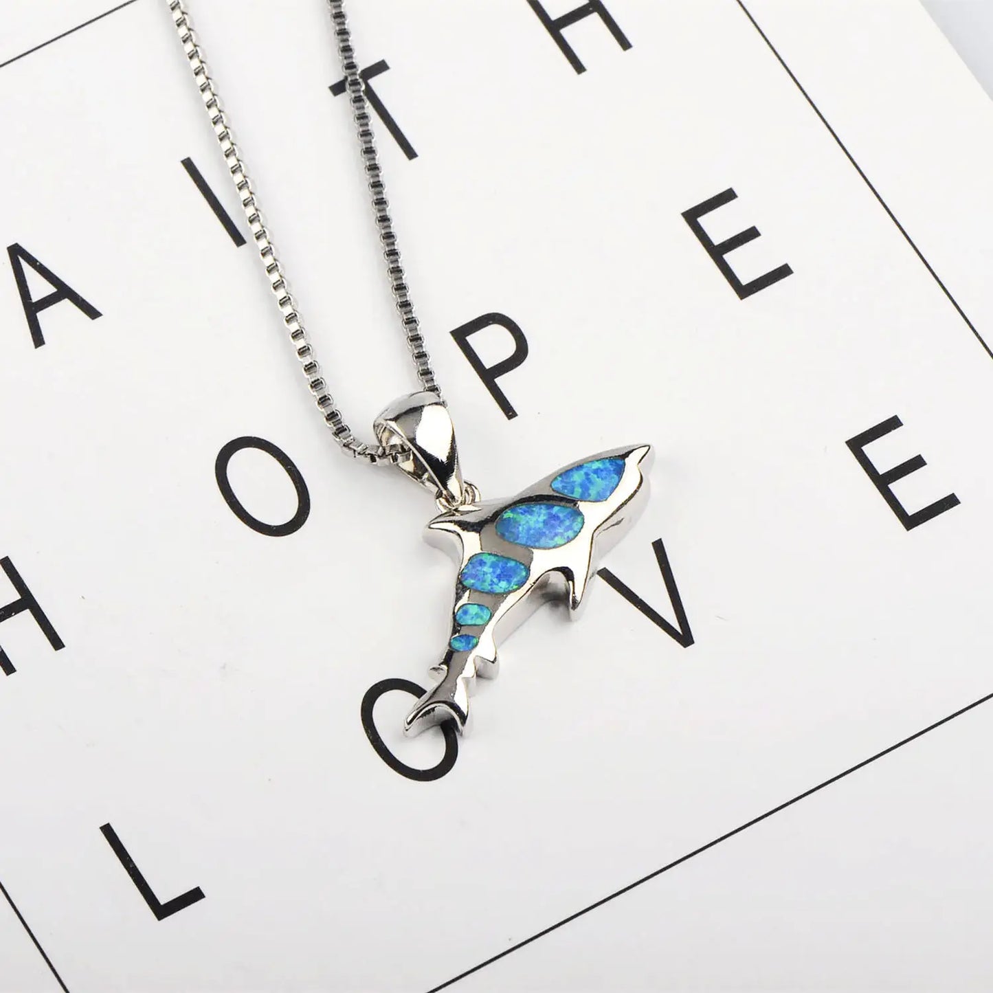 European & American Fashion Trendy Silver Plated Copper Shark Pendant Necklace Blue Opal Ocean-Inspired Sweater Chain for Women