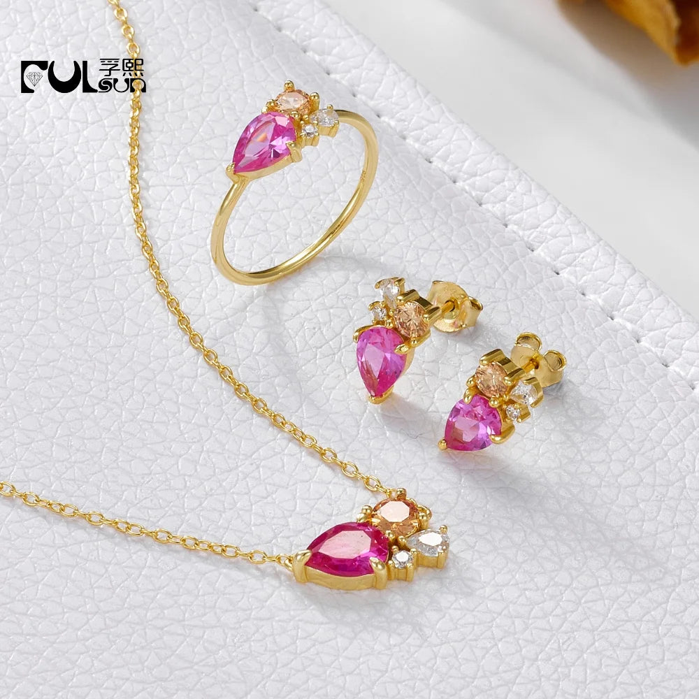 Original Fashion Jewellery 925 Sterling Silver Inlaid Colorful Waterdrop Zircon Ring Earring Necklace Jewelry Set for Women