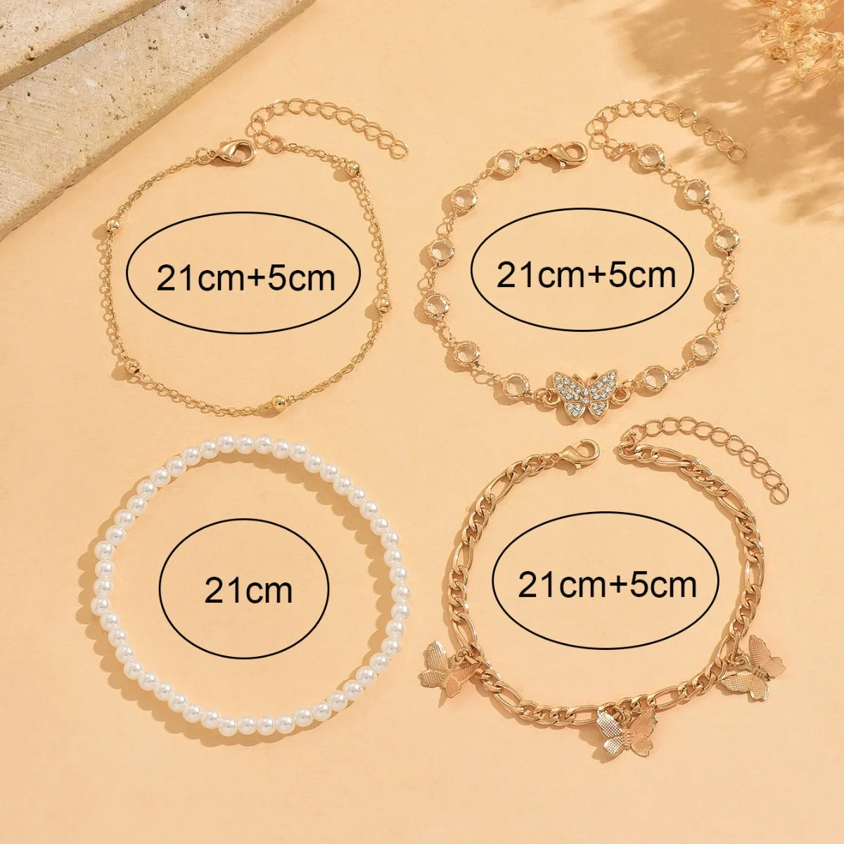 Hot Sales Zinc Alloy 4pcs/set Butterfly Waterproof Anklets Gold Plated ABS Imitation Pearl Iron Foot Chain for Summer Gift Women