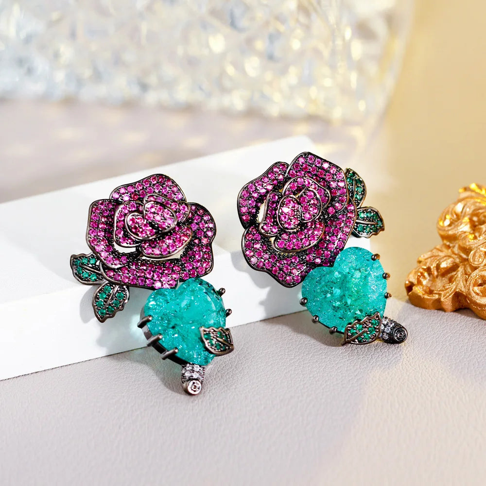 S&S Red Rose & Green Leaf CZ Dangle Drop Earrings – Black Gun Plated – Collection