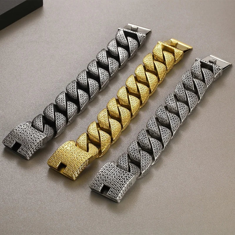 Unique Trendy Men's Luxury Distressed Antique Silver and Gold 31mm Thick Stainless Steel Chain & Link Bracelet-Gift