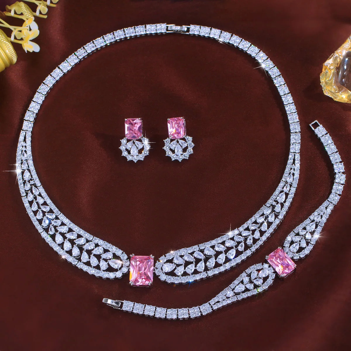 Trendy Water Drop Square CZ Crystal Jewelry Set Pink Cubic Zircon Necklace Earring Bracelet Women Engagement Costume Jewelry Set