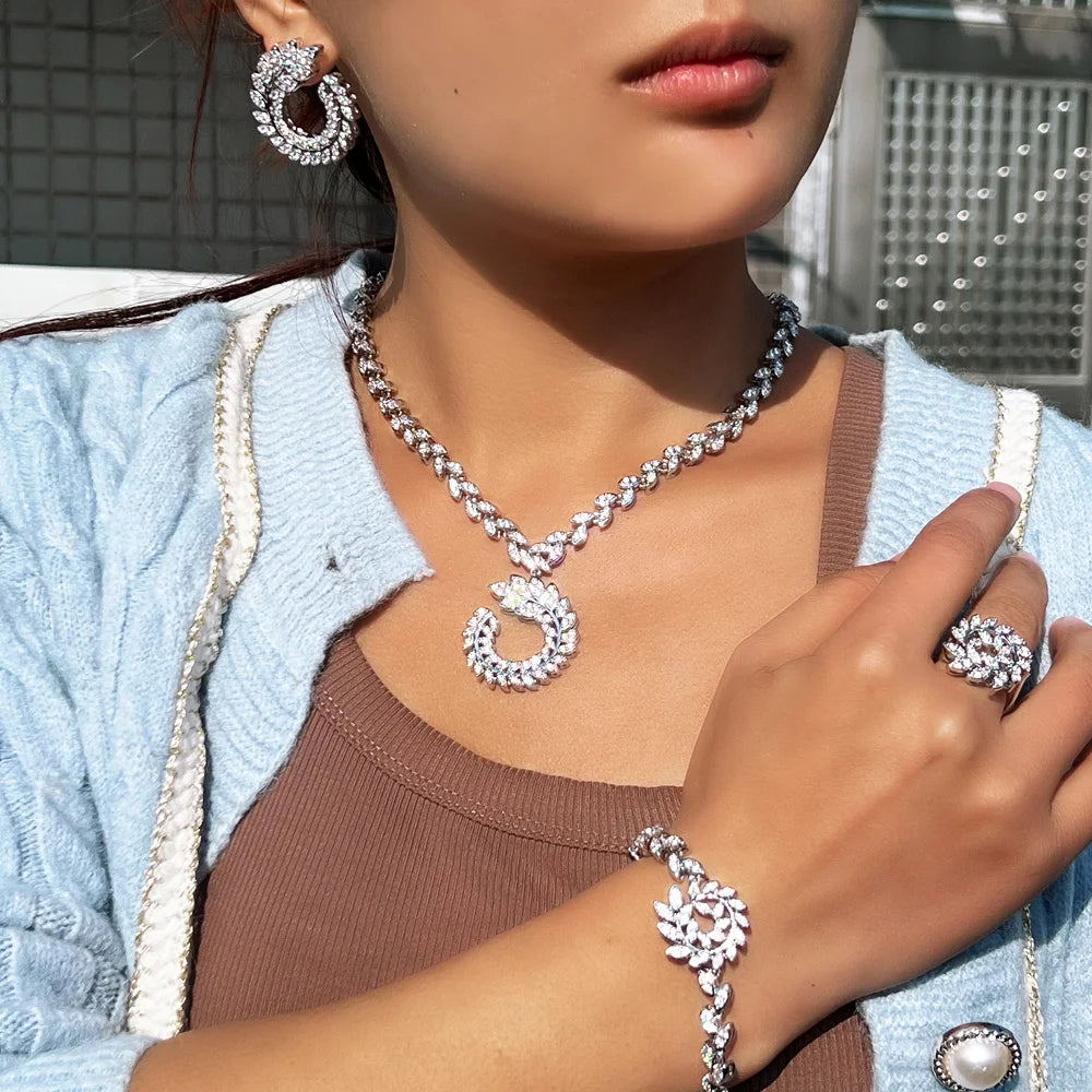 Bridals Big Olive Leaf Pendant Necklace and Earrings Jewelry Set Cubic Zirconia Bracelet Stud Earrings Ring Sets of Wedding