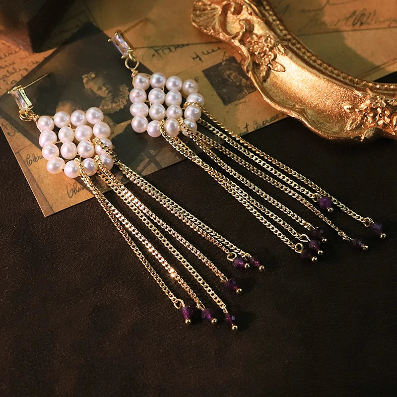 Rhombus Natural Freshwater Pearl Tassel Earrings 18k Gold Plated Design High Quality Earrings Banquet Wife Women Jewelry GE1576
