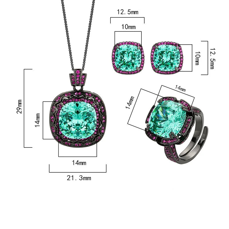 Gemfiori Luxury Dubai Bridal Wedding Boutique Jewelry Set Women's Black Gold Green Zircon Emerald Ring Earrings Pendant Necklace