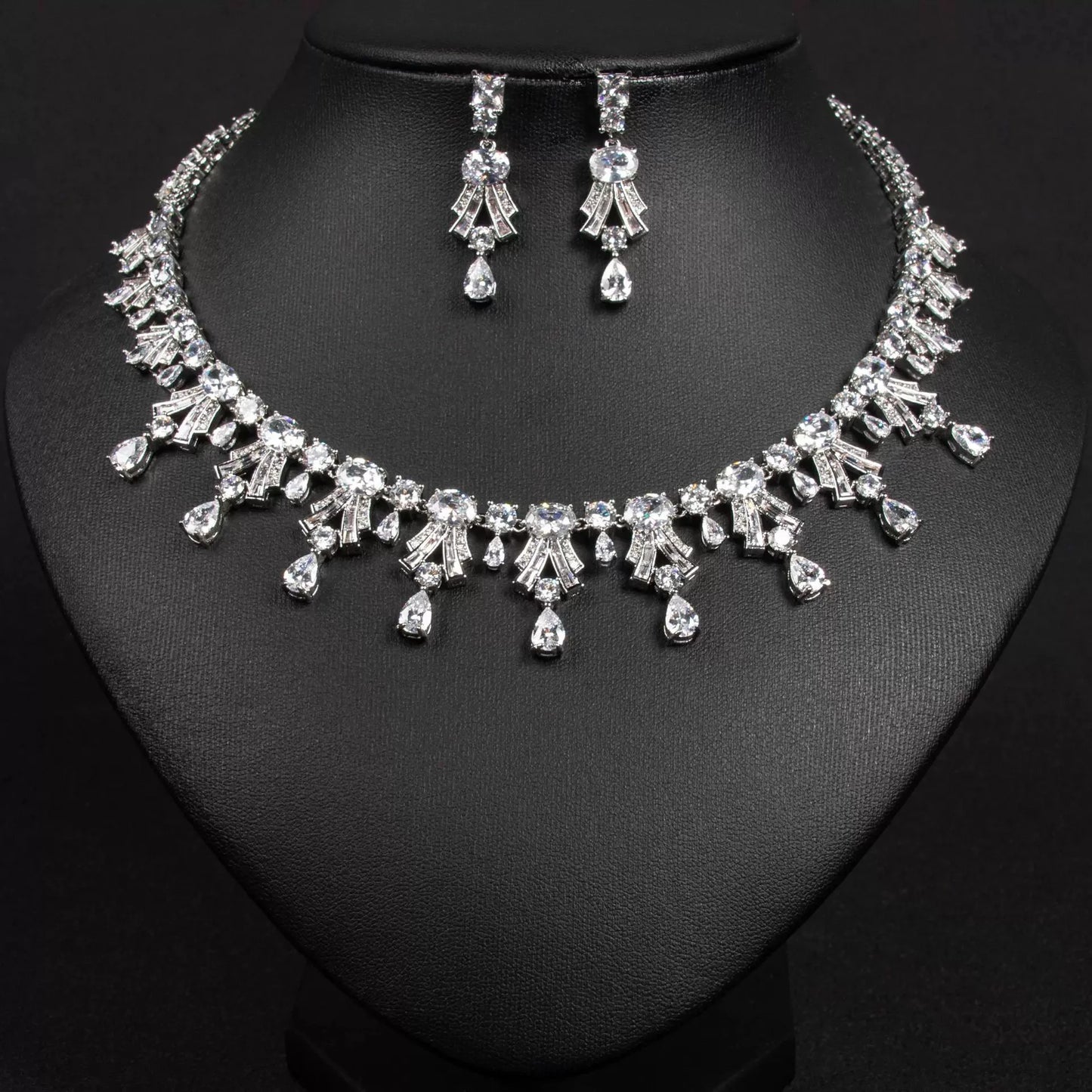 XM S314 Oval Cut Zircon Art Deco Statement Necklace & Drop Earrings Set