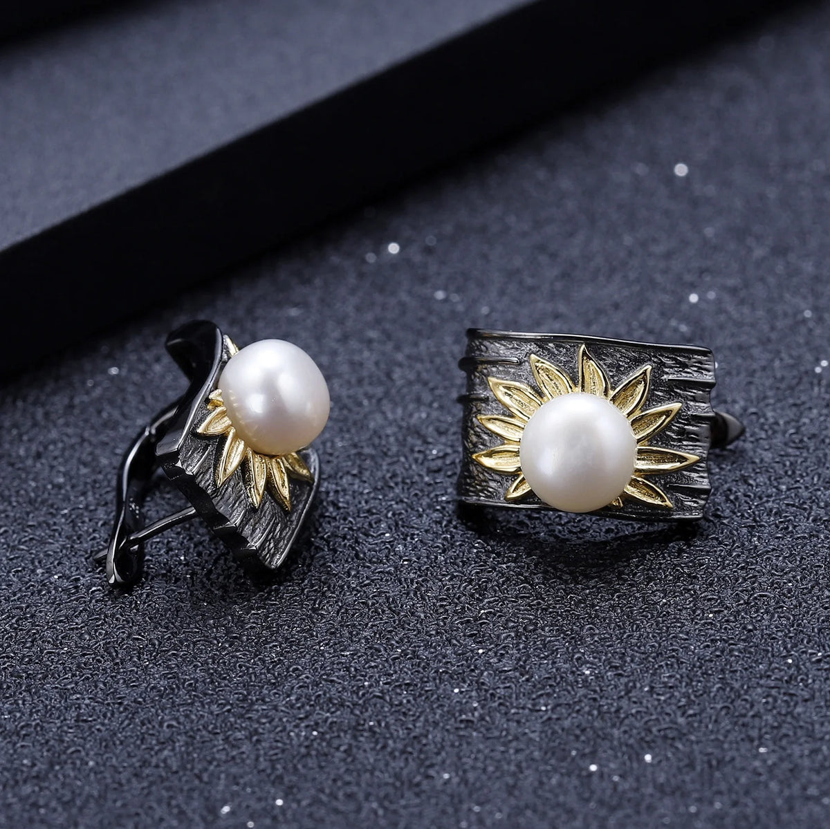 ArtistA Vintage Dark Tones 925 Silver Gold Plated Fresh Water Pearl Pendant Earrings Ring 3 Piece Jewelry Set 2 Tone Chunky Ring