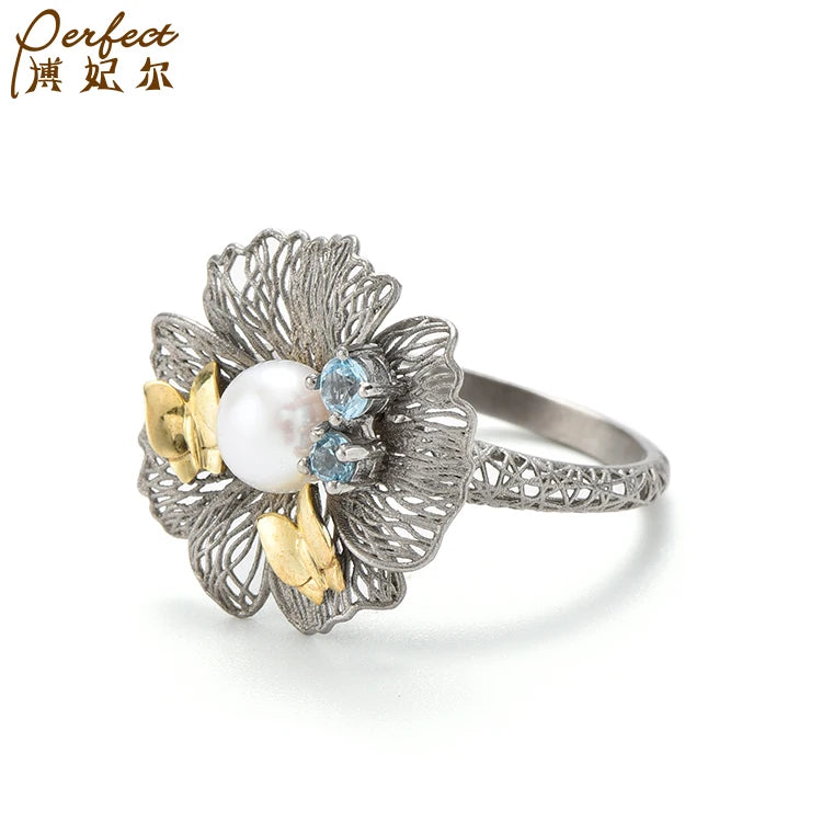 3D Printer Fashionable Flower Silver Charm Jewelry Pearl Rings