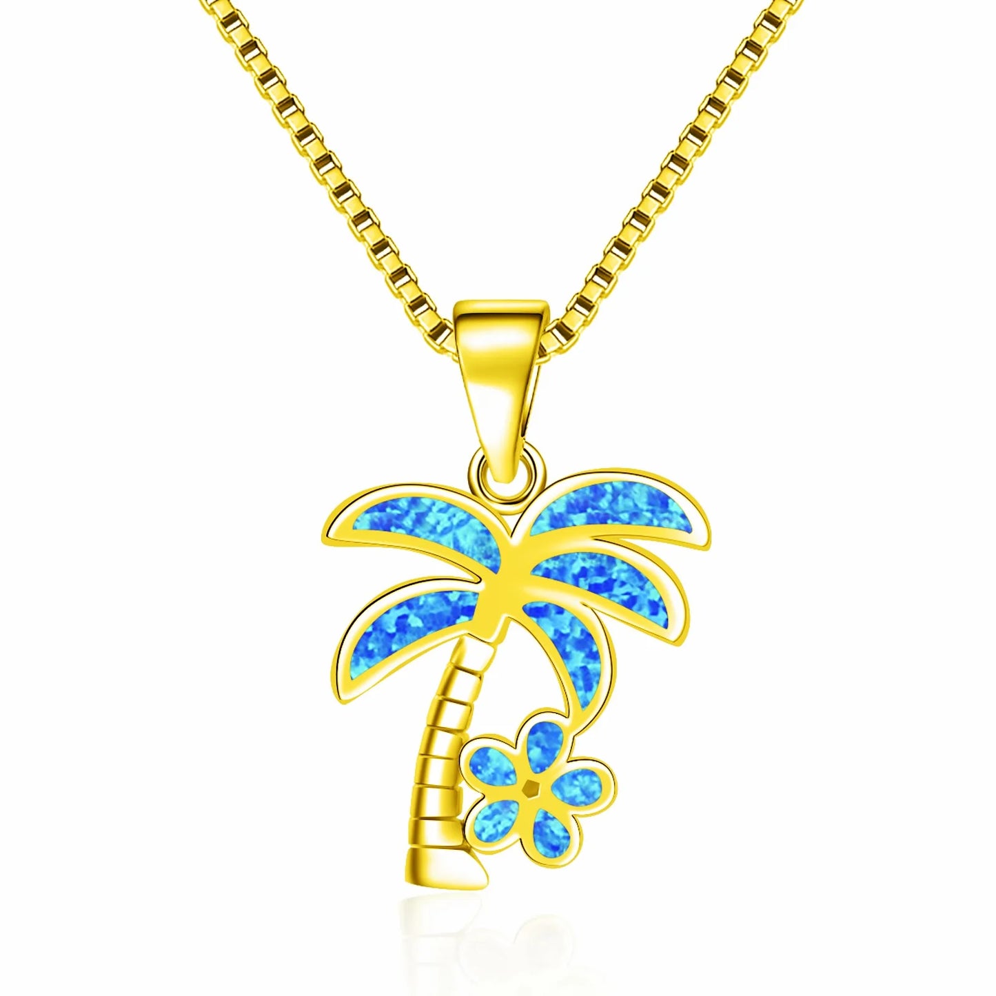 Aobao Wholesale Blue Copper Christian Link Chain Coconut Tree Flower Necklace Pendant Jewelry Inlaid with Opal
