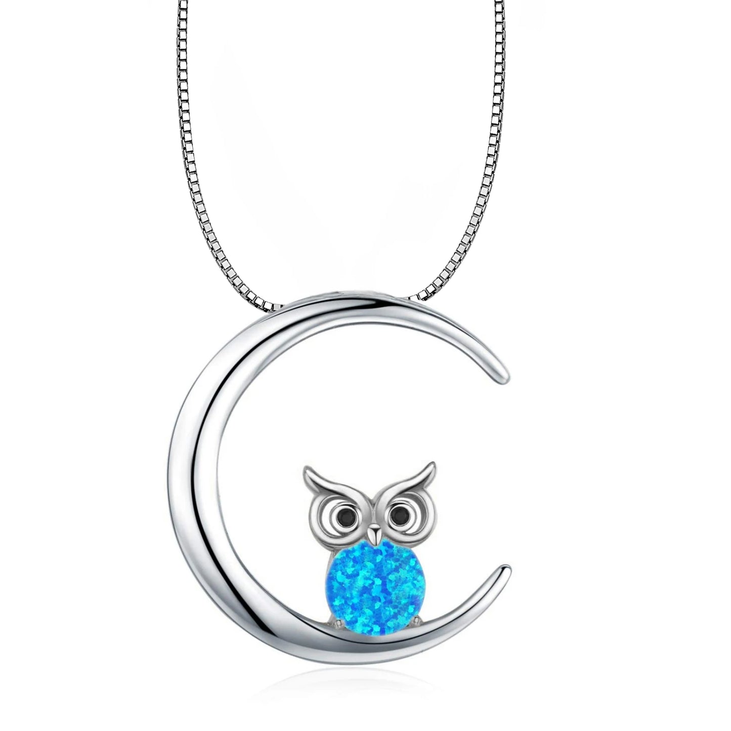 Celestial Moon Owl Copper Sweater Chain Blue Fire Opal Pendant Necklace-Women's Night Theme Jewelry | Whimsical Bulk Gift