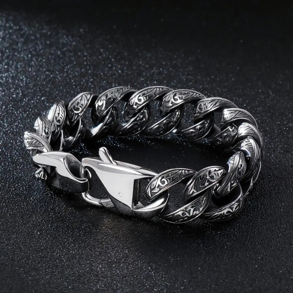 VIKING Mens Gothic Punk Curb Link Chain Bracelet – Silver Stainless Steel