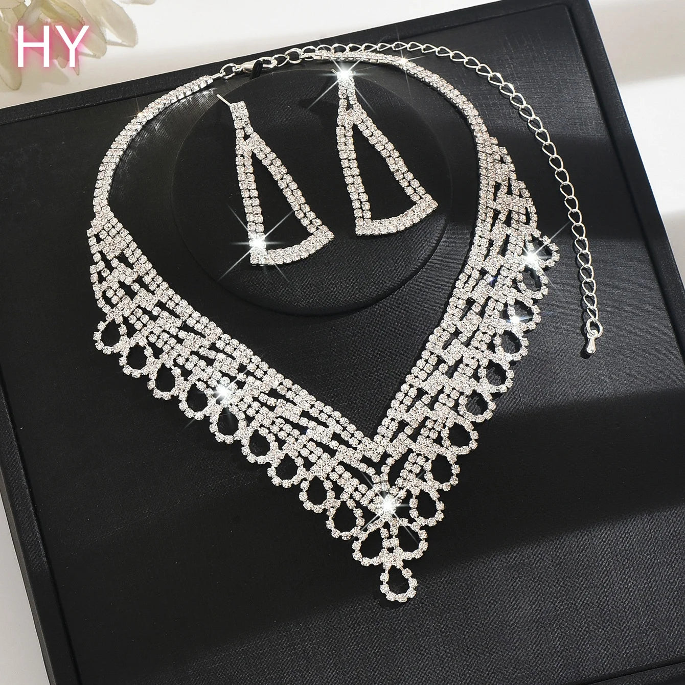 HY  Shiny Tassel Earrings V-shape Necklaces Women Wedding Party Set Wholesale Fashion Lead-Free Brass Silver/Gold