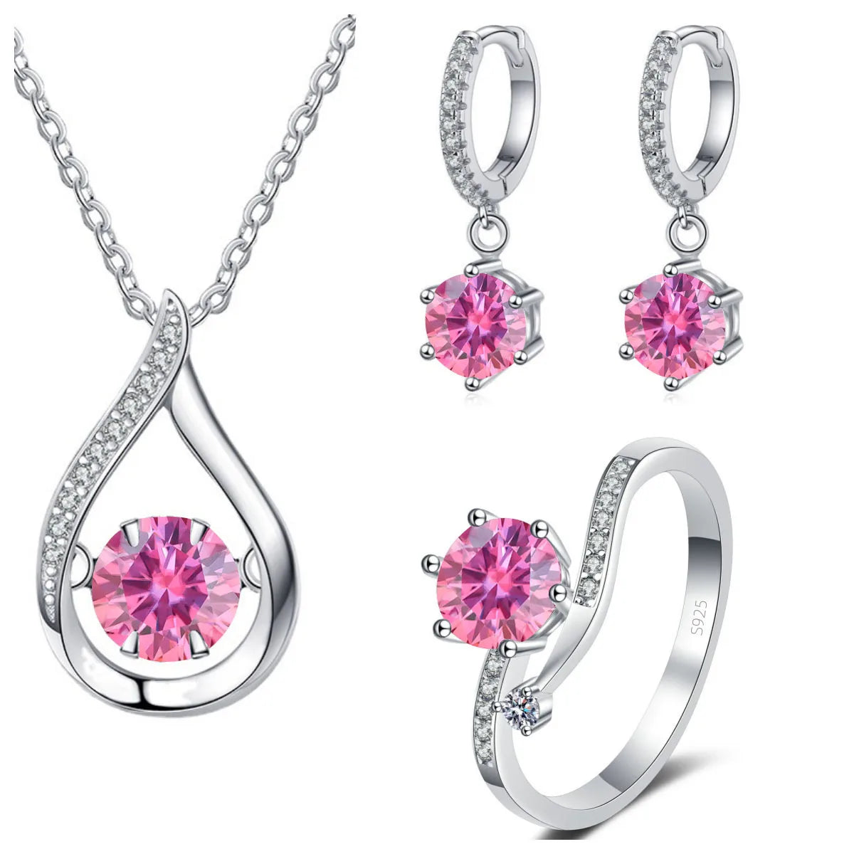 S&S 925 Silver 1CT VVS Moissanite Jewellery Set | Water Drop Necklace, Earrings & Ring | 20 Colours