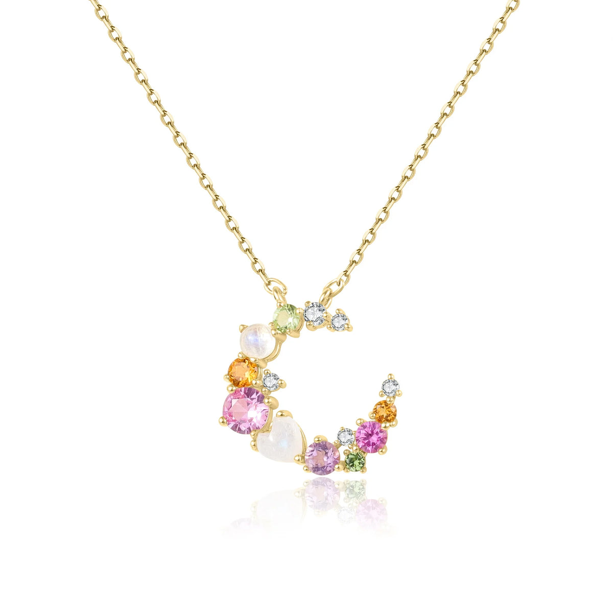 ArtistA Abiding Colorful Gemstones Rainbow Shiny Half-moon 925 Silver Yellow Gold Plated Natural Moonstone Wreath Pendant Necklace