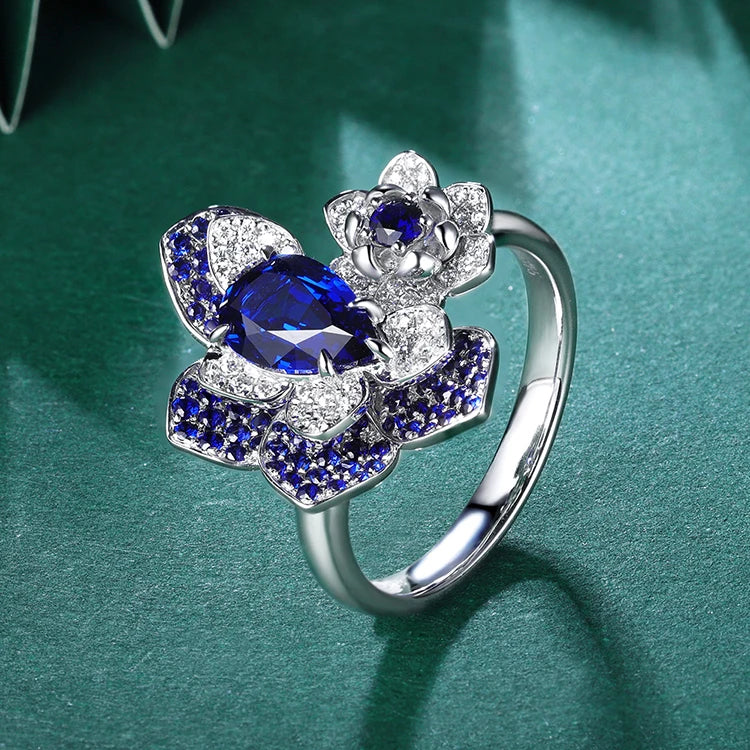 Gemfiori Female Luxurious Flower Ring Resizeable Blue Sapphire Diamond 14k 18k Rings in Solid Gold