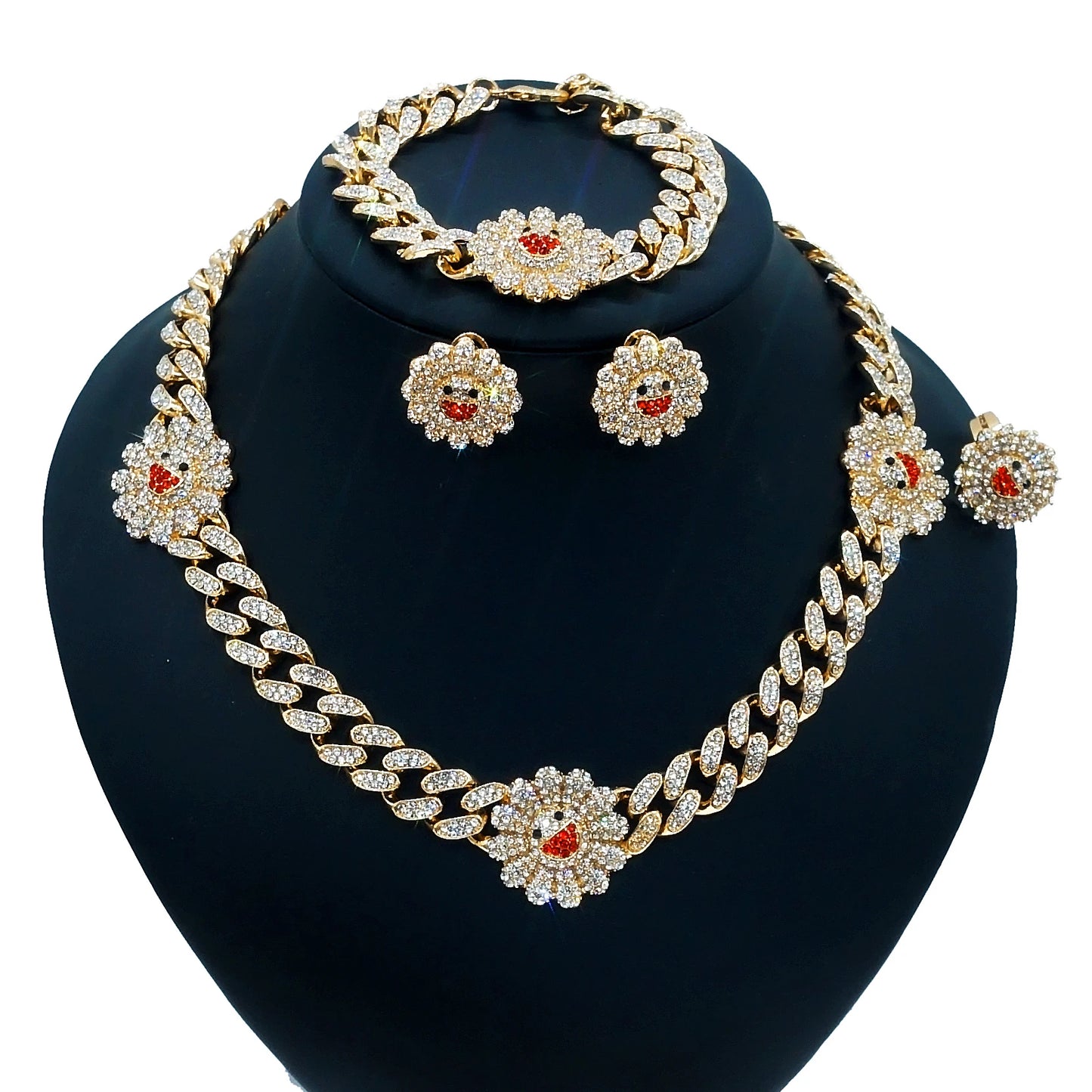 Zhuerrui Gypsophila Hip Hop Style Women's Cuban Chain Jewelry Set Sun Flower Girl Cuban Crystal Exquisit Gold Plated Jewelry Set