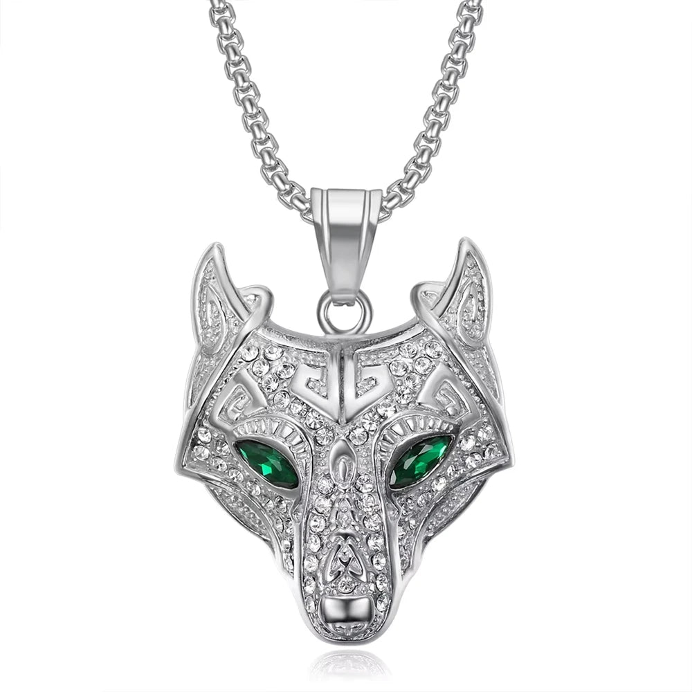 Hip Hop Iced Out Diamond Viking Celtic Wolf Stainless Steel Fine Fashion Jewelry Pendants Necklaces 18K Gold Plated Women
