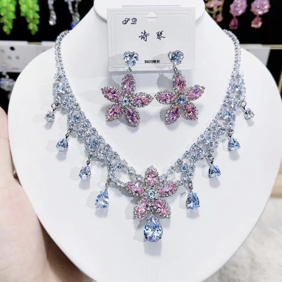 K076 High End Women Trendy Luxurious Pink Flower Zircon Bridal Necklace Earrings Set Wedding Elegant Jewelry Set