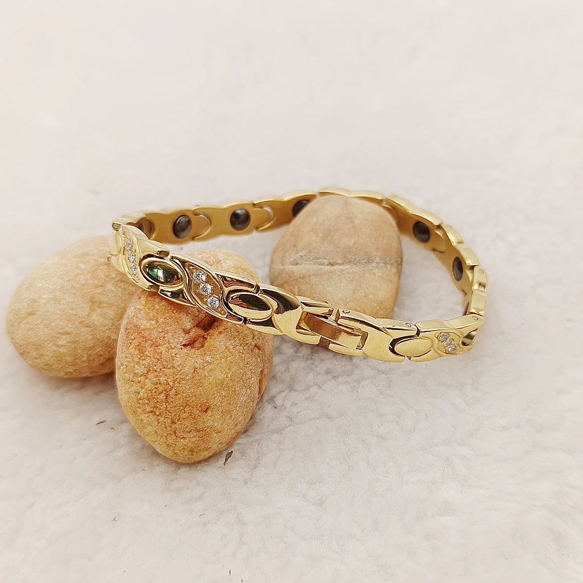 Elegant 24K Gold Plated Stainless Steel Magnetic Bracelet for Women Sparkling Cubic Zircon Stylish Wrist Jewelry Daily Wear Gift