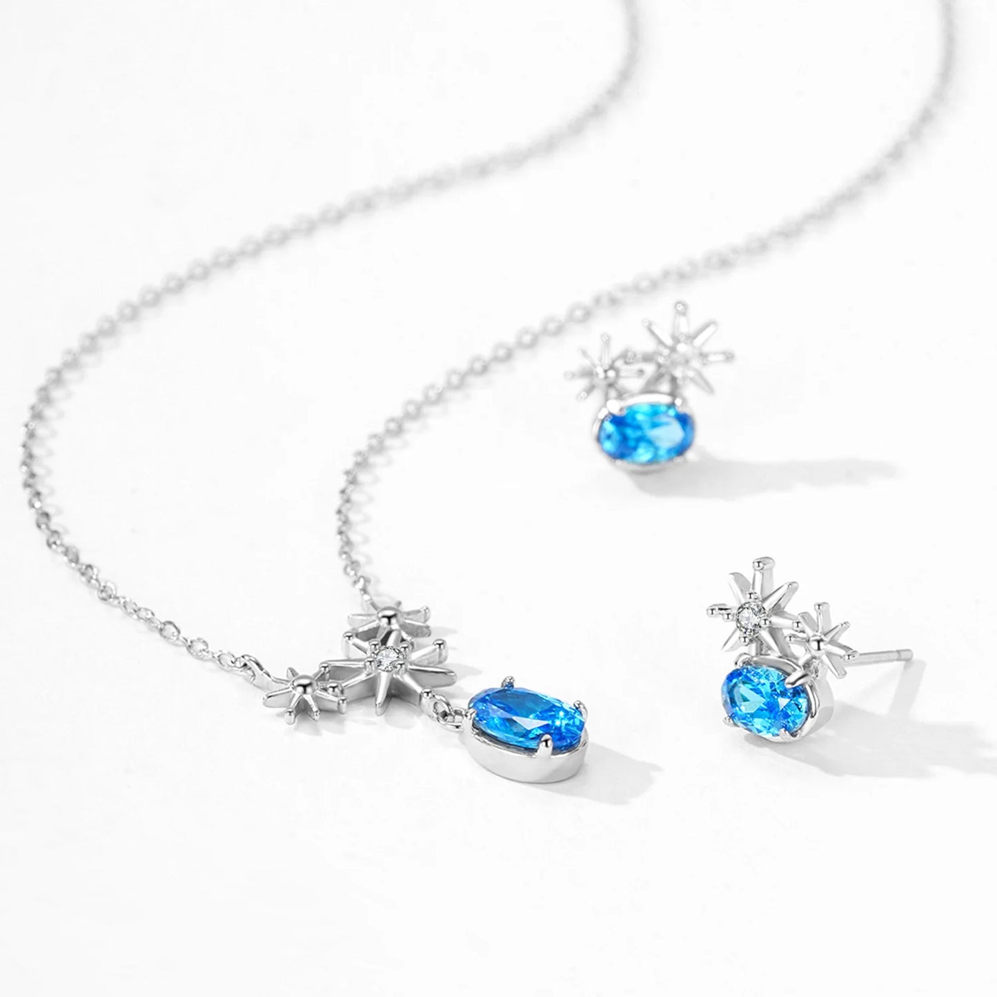 Exquisite 925 Sterling Silver Sparkling Star Studded Earring Necklace Set Fresh Sea Blue Temperament Jewelry Gift Set