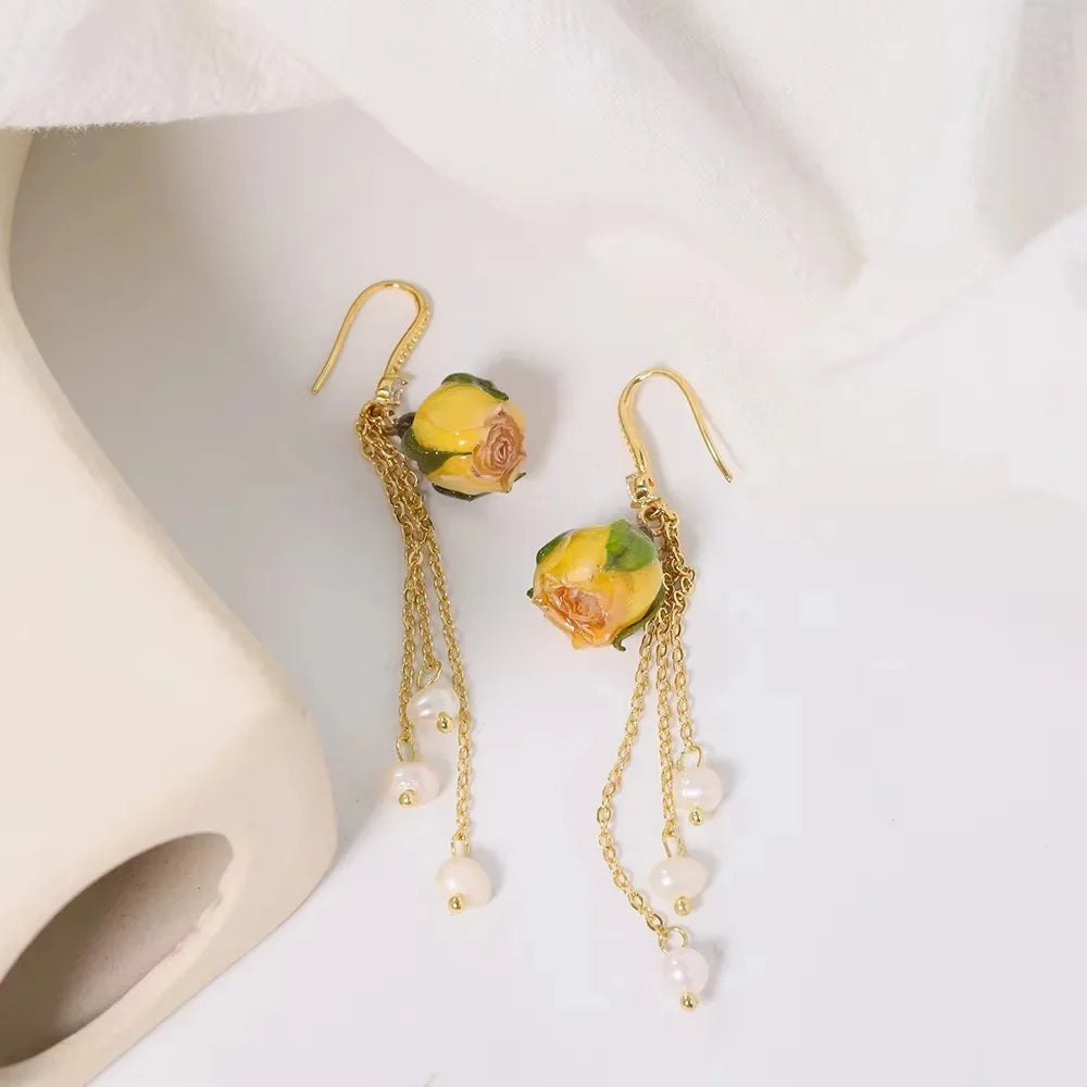 Natural Freshwater Pearl Drop Gel Flower Earrings Korean Style Women Luxury Jewelry Fashion Ladies and Girls Gift GE1521