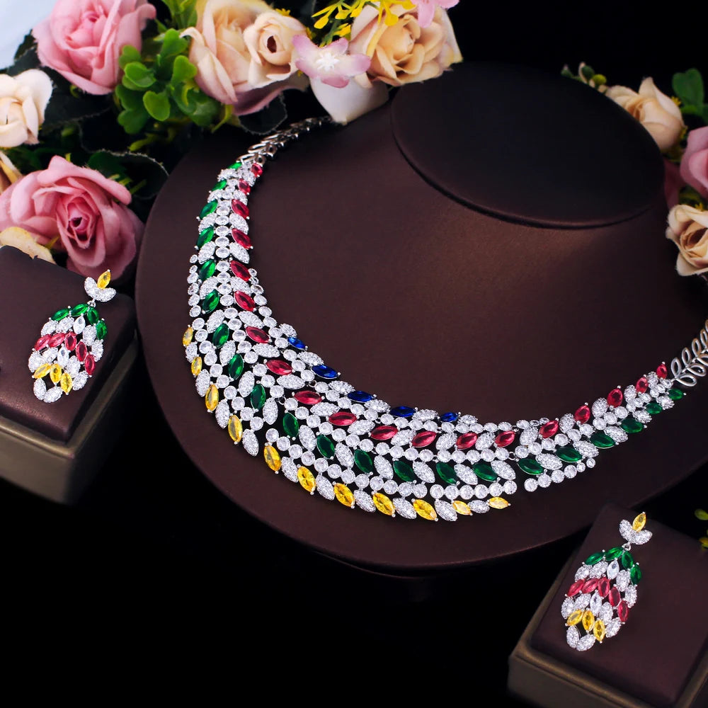 Mixcolor Cubic Zircon Leave Shape Dubai Bridal Luxury Big Bold Jewelry Set for Women Wedding African Statement Jewellery